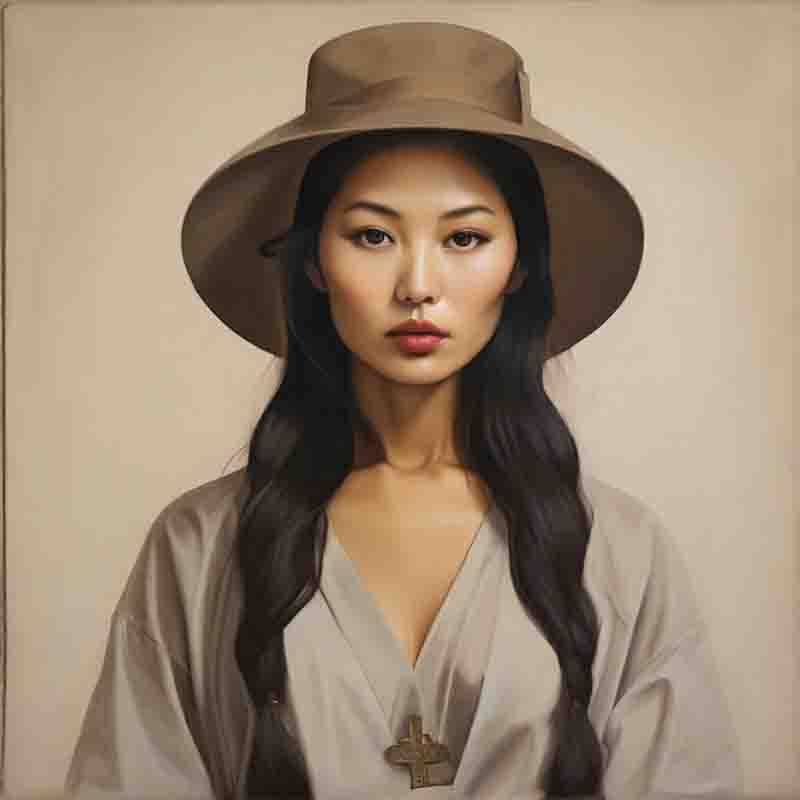 Asian woman wearing hat in striking painting from an online gallery.