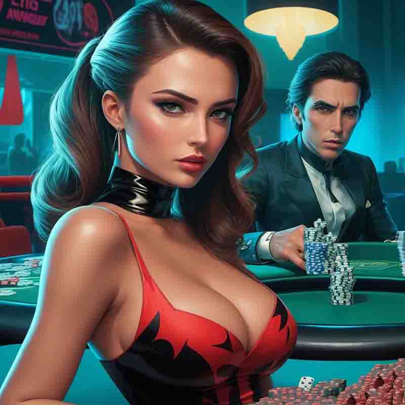 A woman in a red dress and a man in a suit at a casino table, engaged in a game of chance.