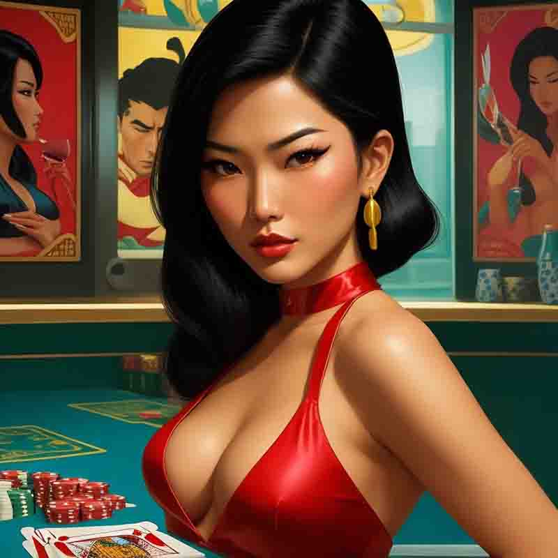Asian woman in a red bikini confidently holds a poker hand, displaying her skill and allure.