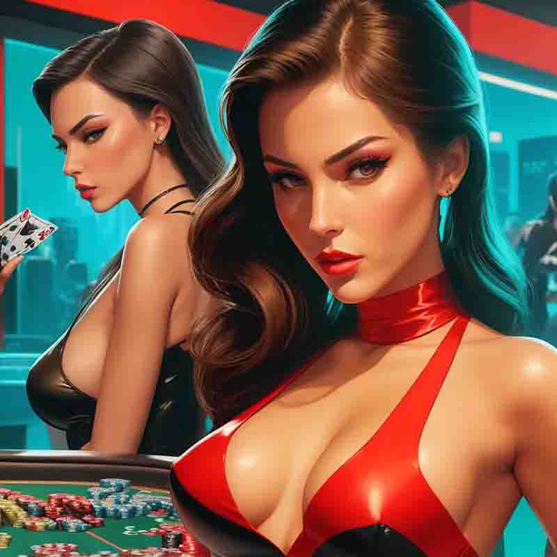 Two sensual models at a poker table