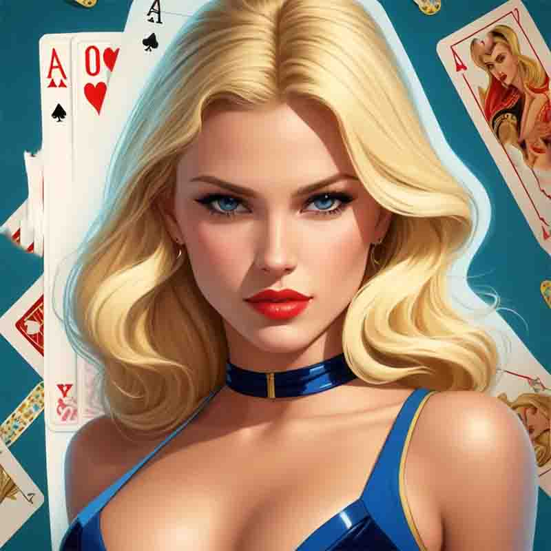 A captivating lady, adorned in a stylish blue bikini, gracefully holds a deck of poker cards, exuding an air of elegance and allure.