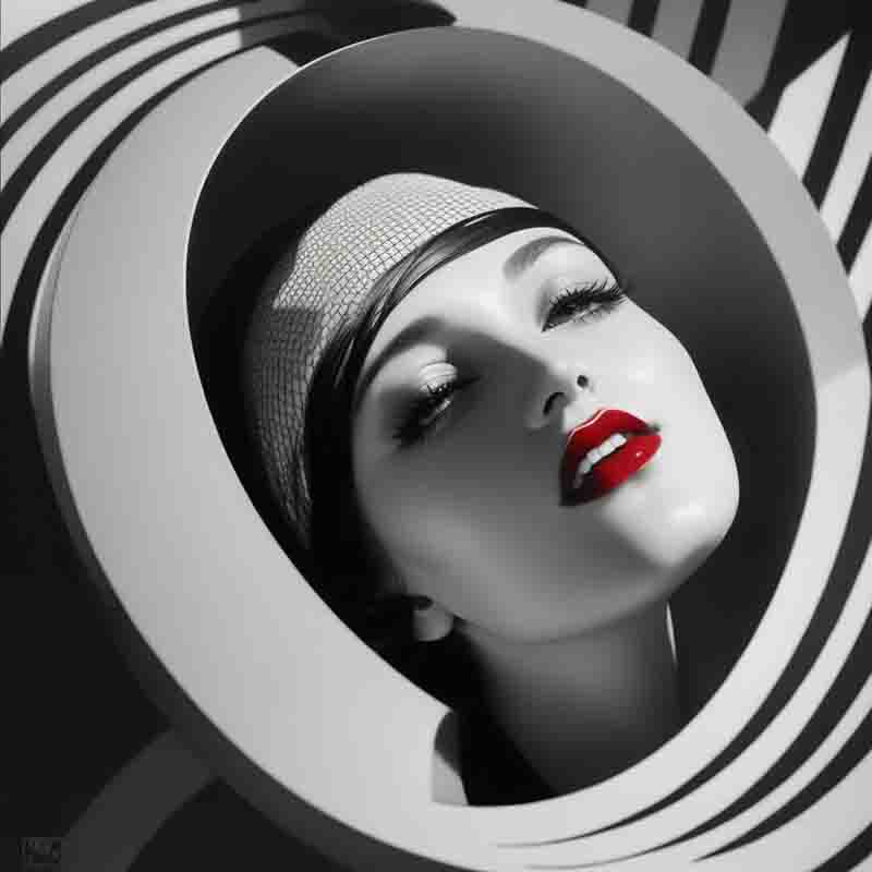 Digital image of a beautiful woman in a 3D abstract sculpture. The sculpture is made up of curved lines and shapes.