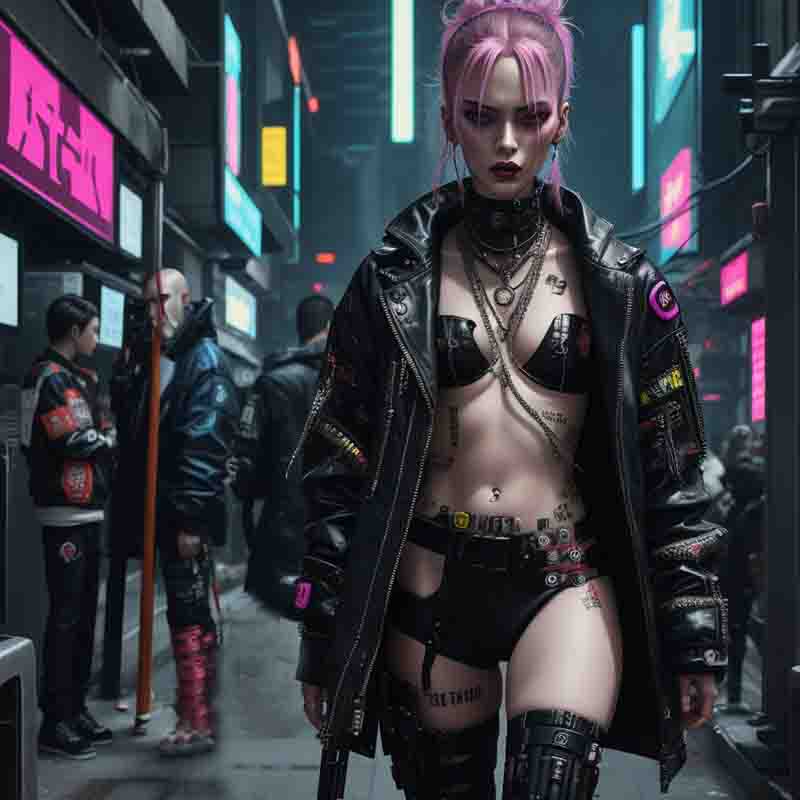 Sensual Cyber Punk with vibrant pink hair and tattoos stands confidently amidst the bustling cityscape, exuding a unique sense of style and individuality.