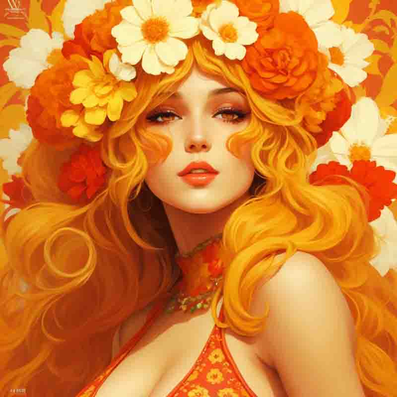 A stunning flower power woman with vibrant orange hair adorned with delicate flowers.