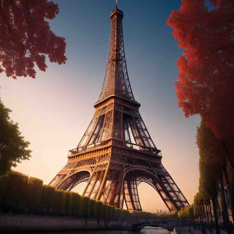 The Eiffel Tower stands tall amidst trees adorned with vibrant red leaves in Paris.
