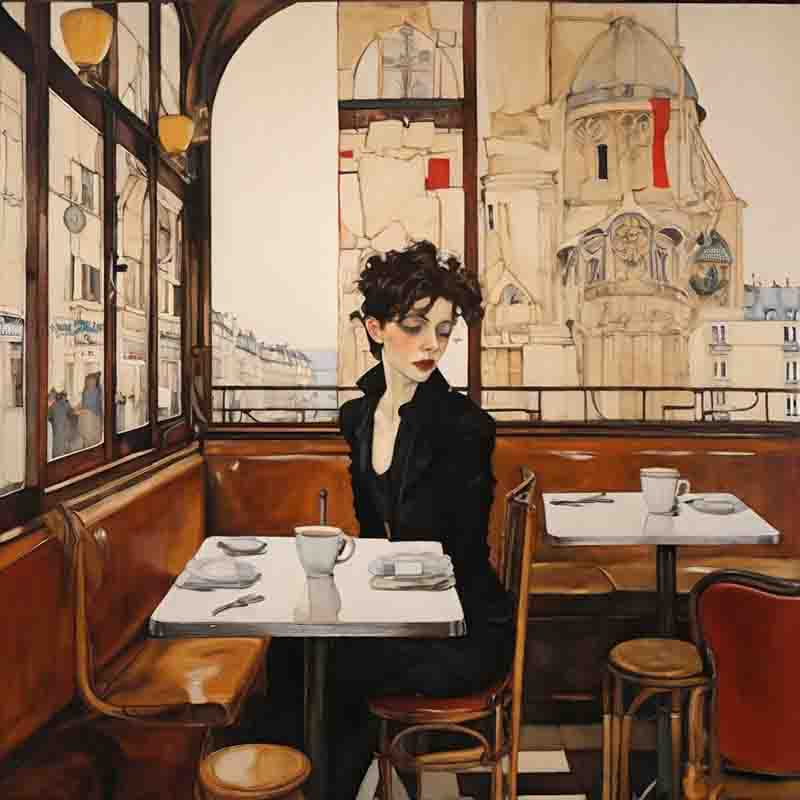 A woman sitting at a table in a Paris cafe, enjoying a cup of coffee.