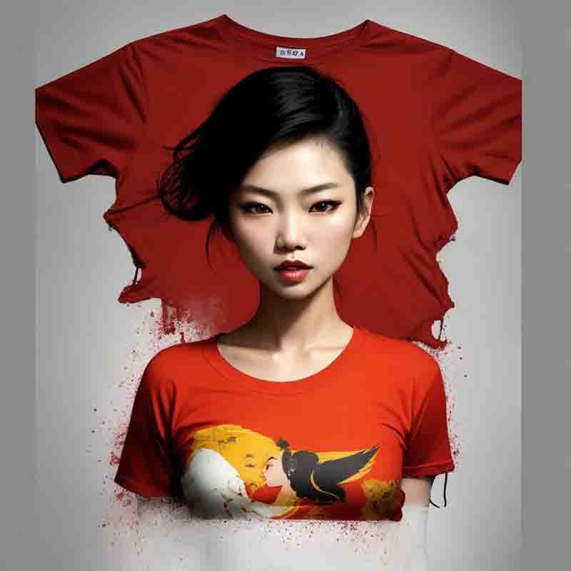 Asian woman in a red t-shirt adorned with a bird, showcasing a vibrant and stylish outfit choice.