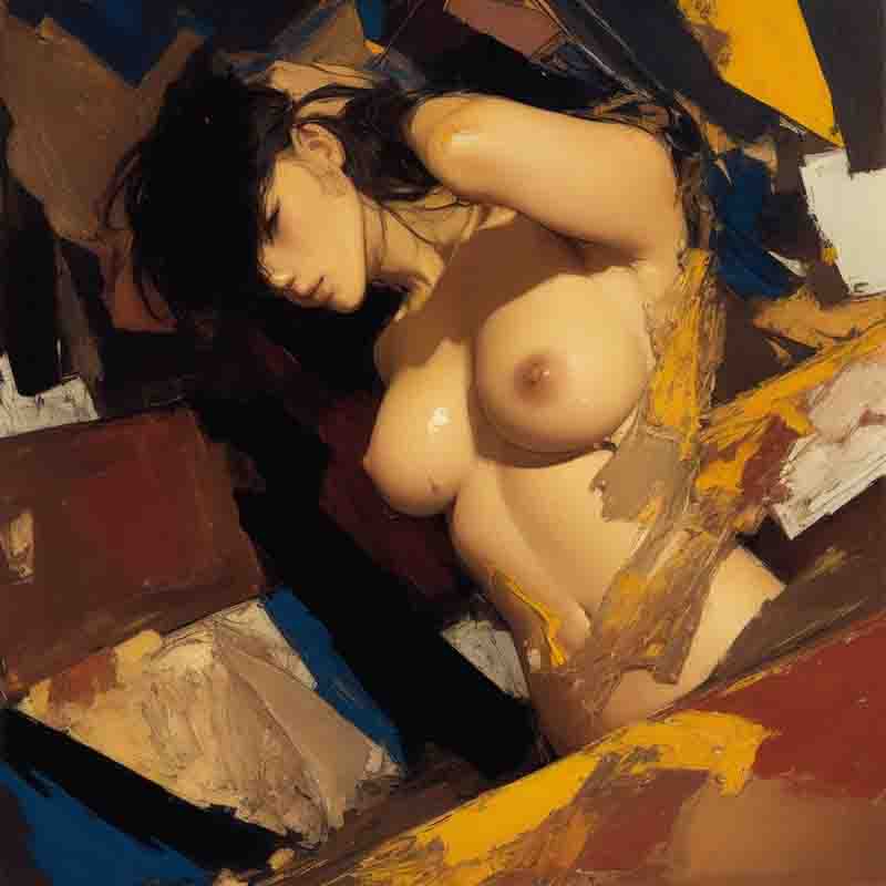 A formal erotic wall decor art piece depicting a nude female figure with a prominent bosom. The backdrop is filled with a variety of abstract brushstrokes in brown, blue, and yellow.