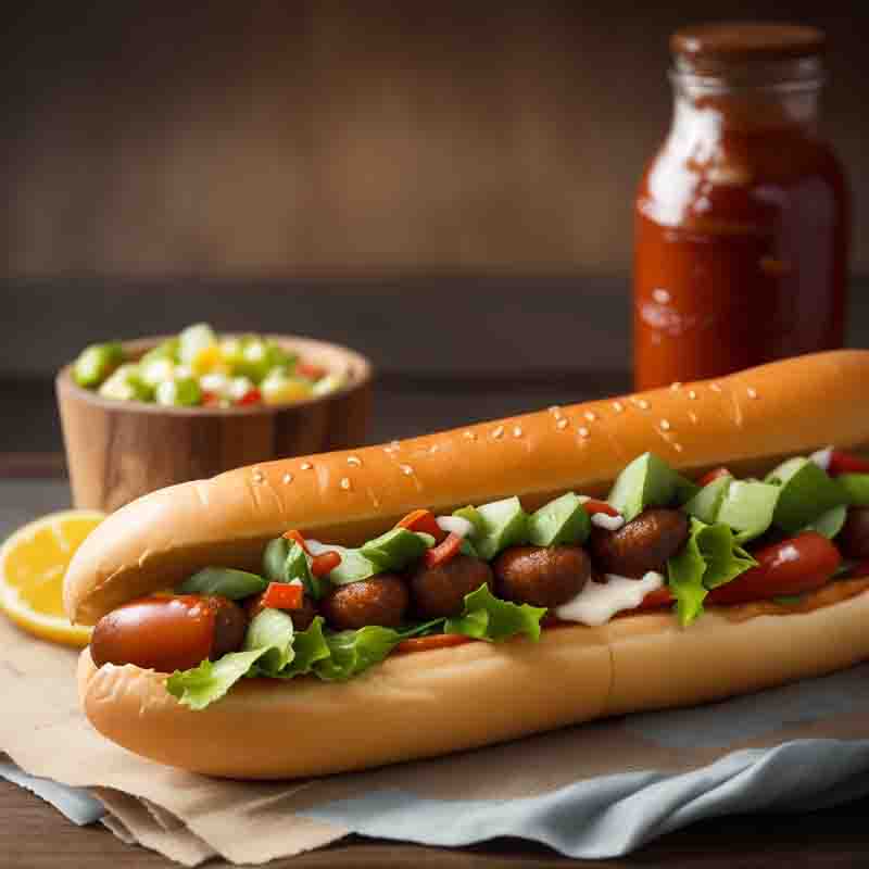 Hot dog served on a bun, accompanied by fresh lettuce, juicy tomatoes, and a drizzle of ketchup.