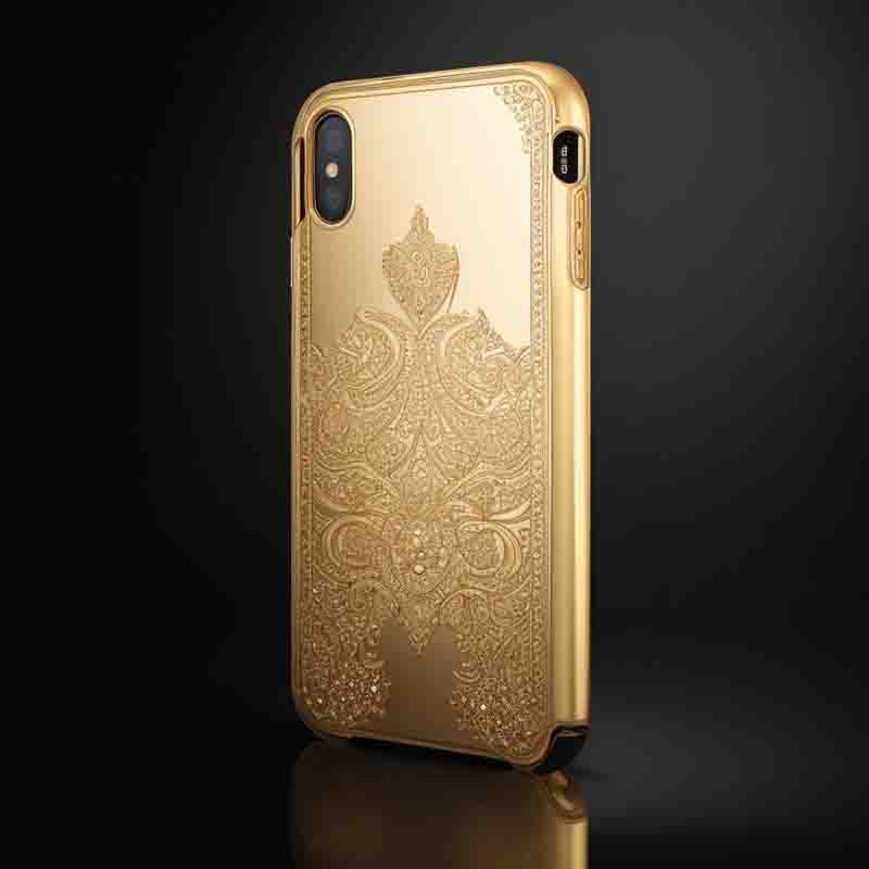 Gold Phone case featuring intricate designs.