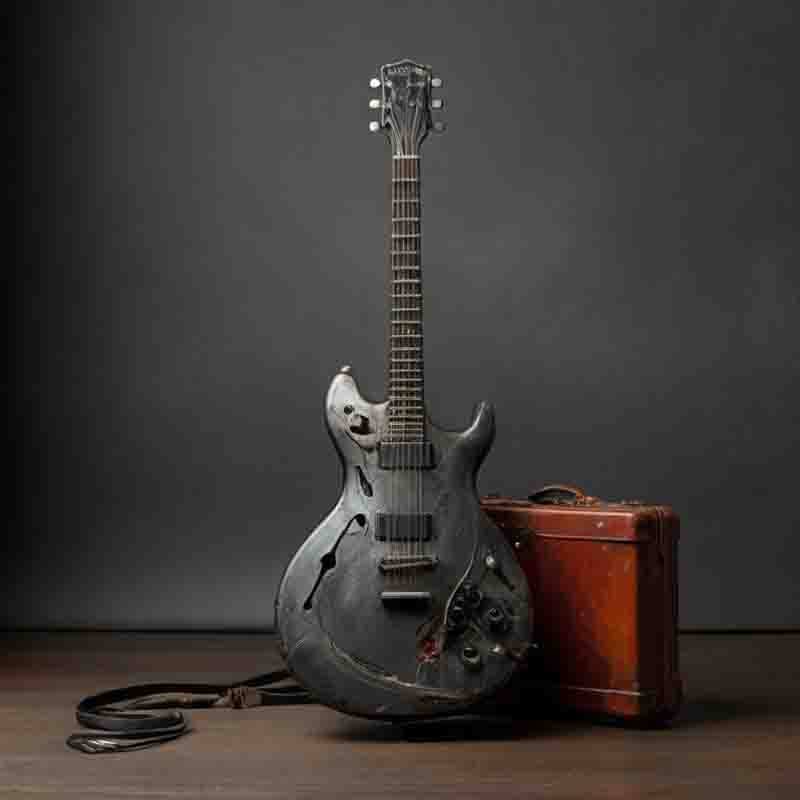 An antique electric guitar and a vintage suitcase placed on a rustic wooden table.