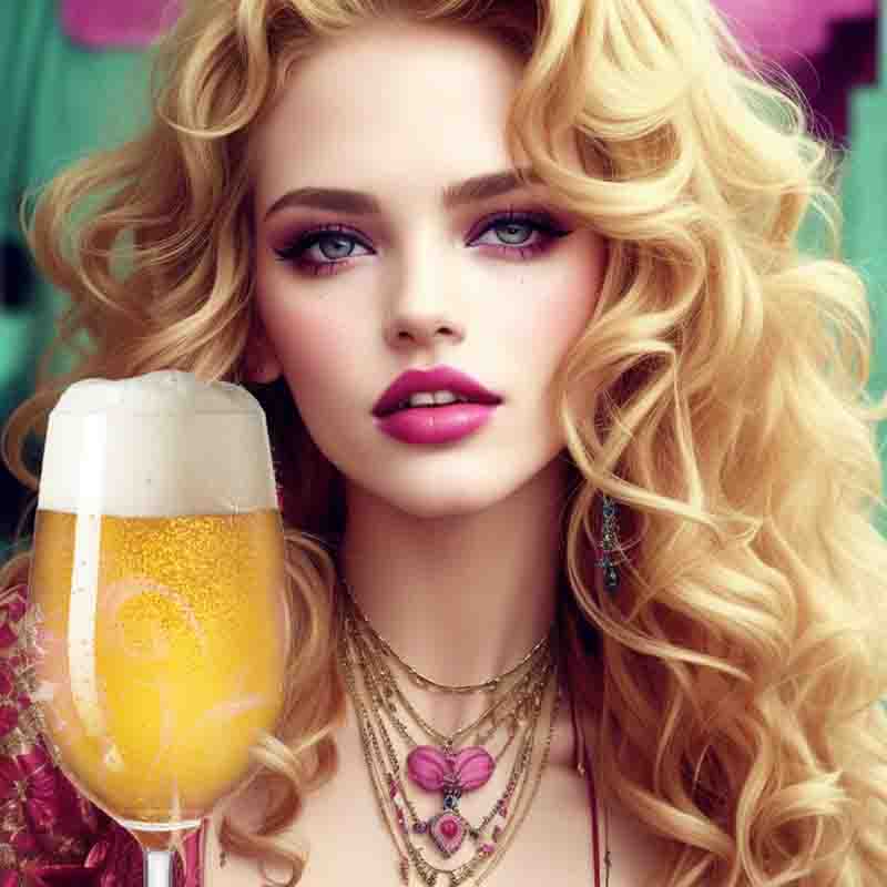 A beautiful bohemian woman with long blond hair with with a elegant glass of Pilsner beer.