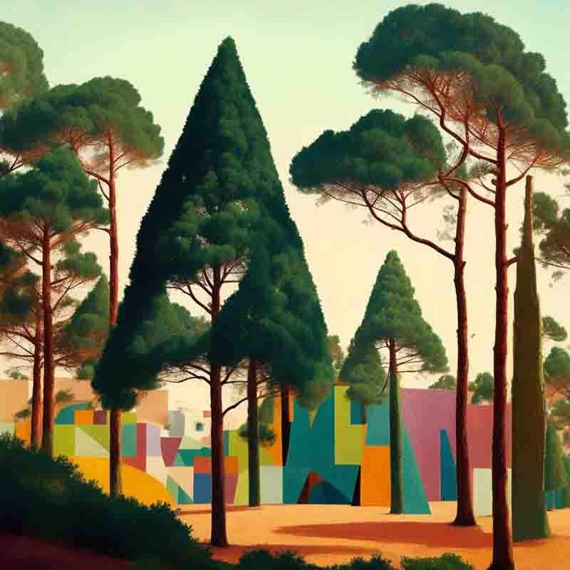 Fine art painting of a grove of pine trees in Ibiza in front of a colorful building. The trees are lush and green, and they are bathed in a warm, golden light.