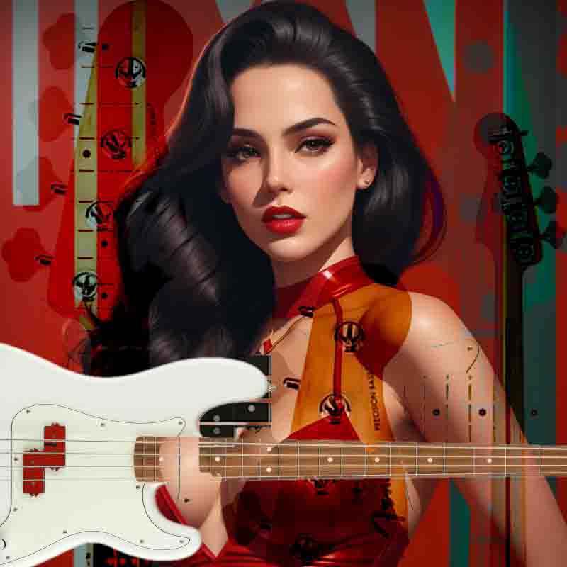 Woman in a red dress with white fender precision bass guitar.