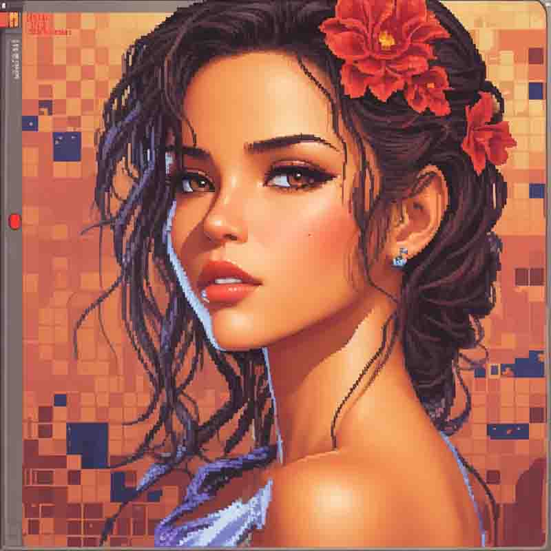 A pixel art image of a woman with red flowers adorning her hair.