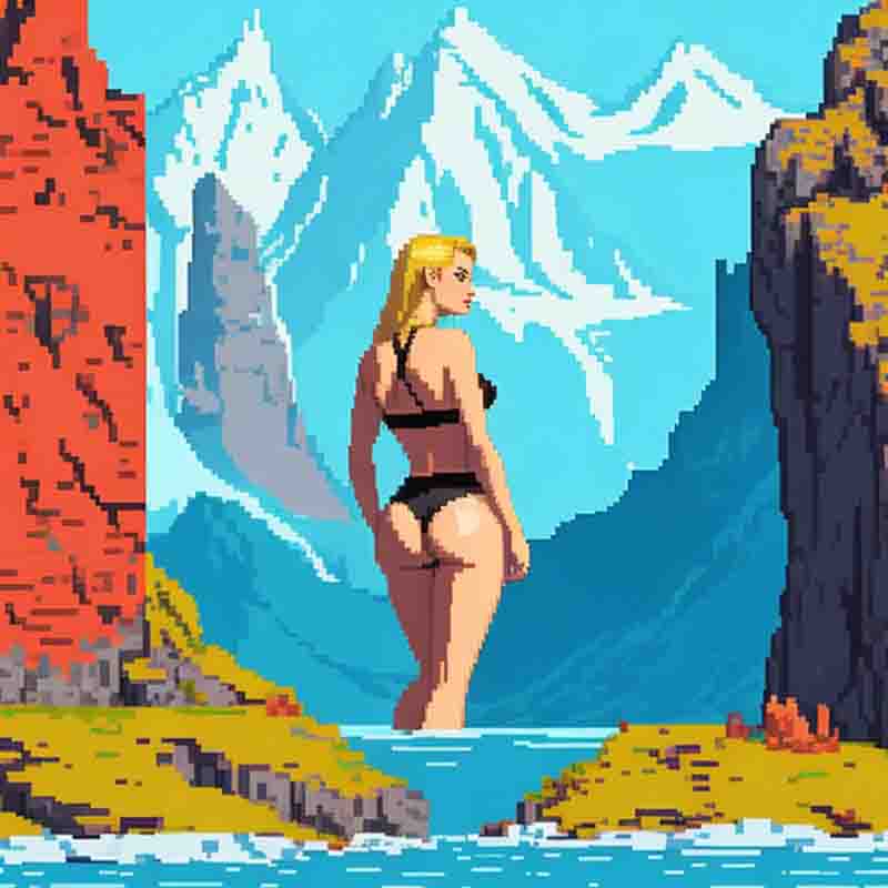 A pixel art depiction of a woman standing before a majestic mountain.