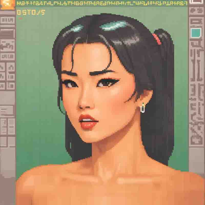 A pixel art image of an Asian woman showcasing a unique and artistic style.