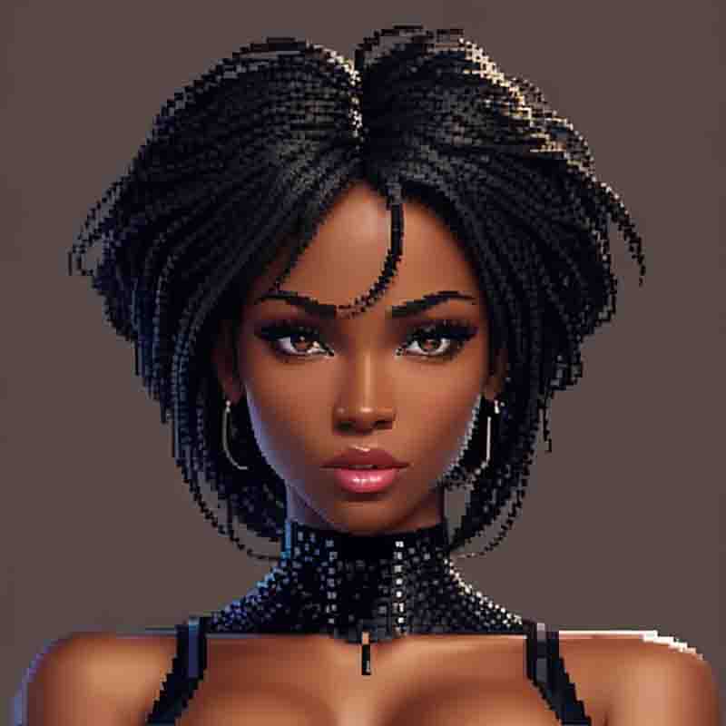 A pixel art image of an animated black woman with braided hair, showcasing her unique style and cultural heritage.