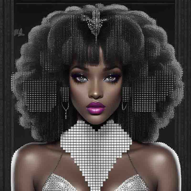 A stylish 8-bit black woman with voluminous hair and a sparkling diamond necklace.