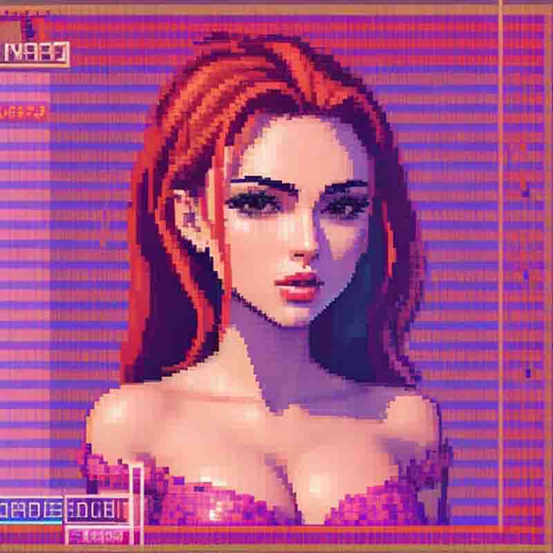 A visually captivating pixel art portrait of a woman with red hair, showcasing intricate details and artistic flair.