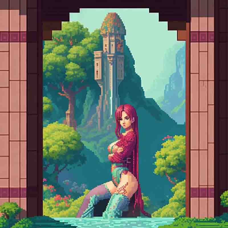 A pixel art image of a woman standing in a castle, showcasing the beauty and grandeur of the medieval architecture.
