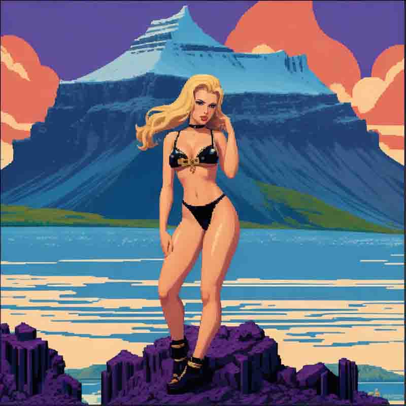 A pixel art image of a woman in a bikini stands on rocks with majestic mountains in the background.
