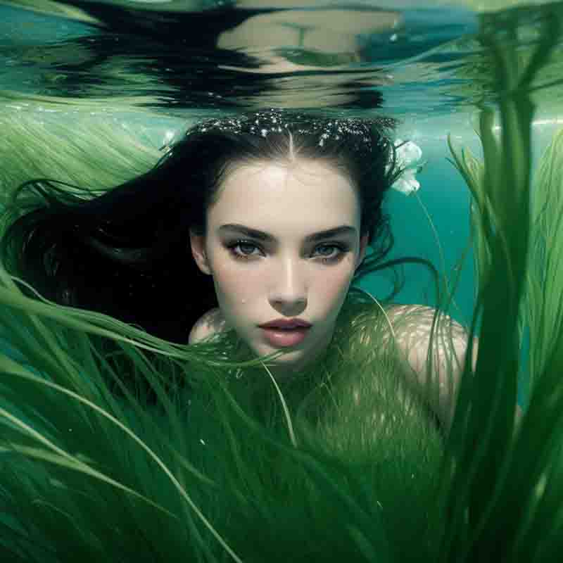 Ibiza mermaid swimming head and upper body submerged in water, surrounded by long, swaying green Posidonia Oceanica Seagrass Meadows plants. Her hair floats freely in the water, adding to the dream-like quality of the image. 
