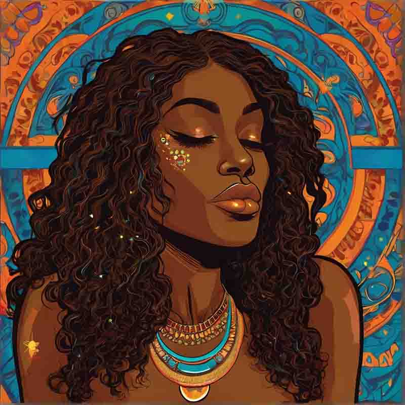 Black psychedelic rock woman with long curly hair adorned in luxurious gold jewelry.