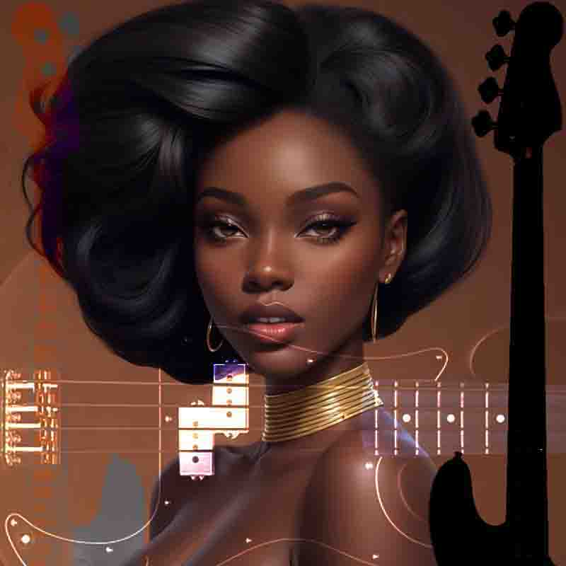 Black woman with Fender Precision Bass artwork radiating her love for music.