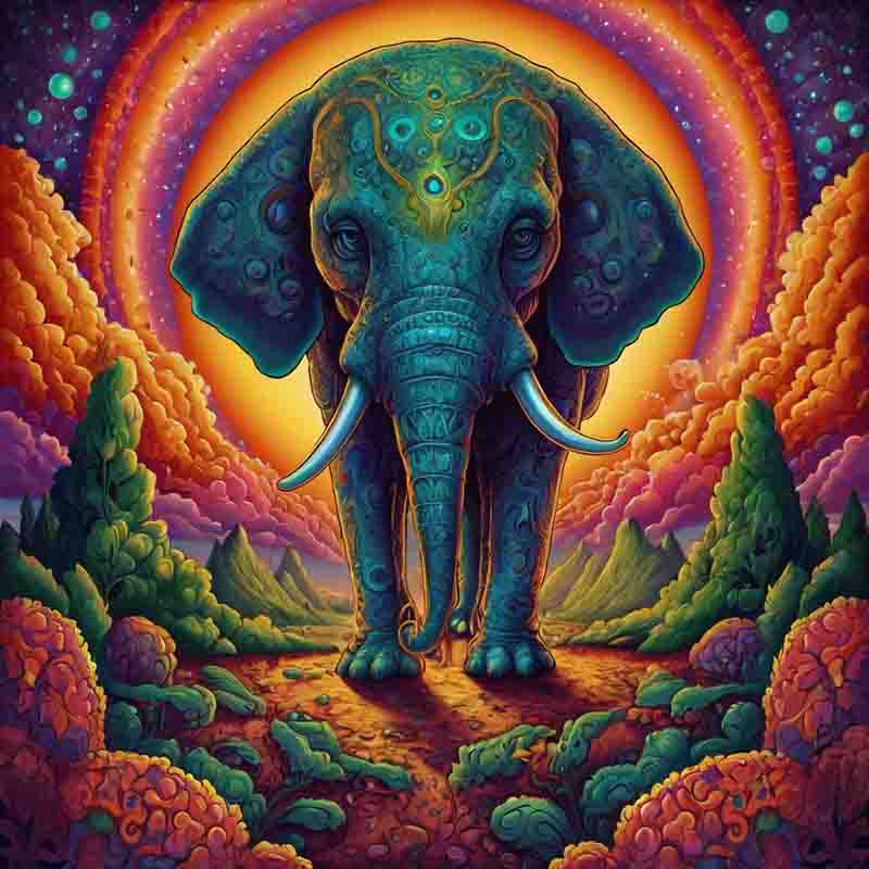 An elephant standing majestically against a vibrant psychedelic background.