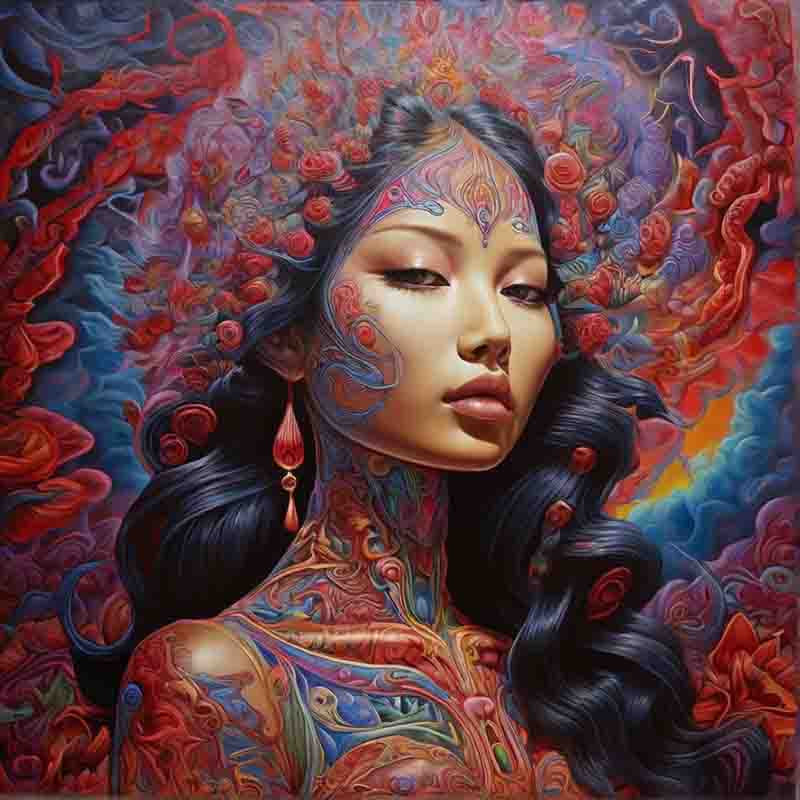 Asian woman embellished with intricate tattoos, surrounded by blooming flowers, evoking a sense of  psychedelica.