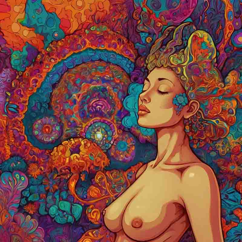 A colorful psychedelic artwork complements a woman with bare breasts.