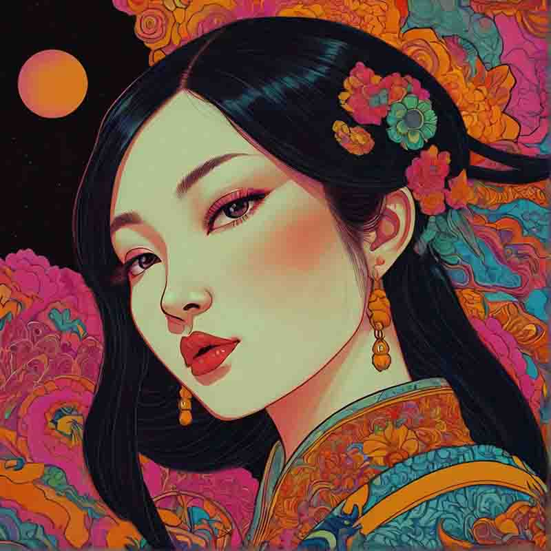 Psychedelic Rock painting capturing an Asian woman with cascading jet-black hair.