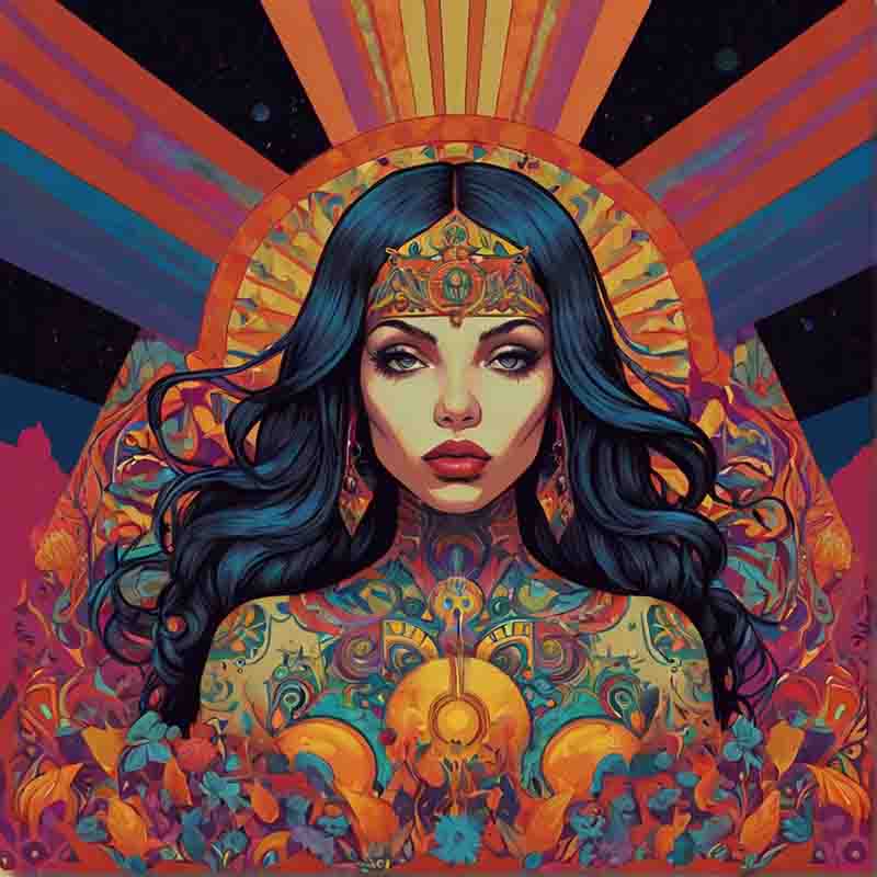 Psychedelic woman with vibrant makeup and vibrant headpiece, exuding the psychedelic rock revolution.