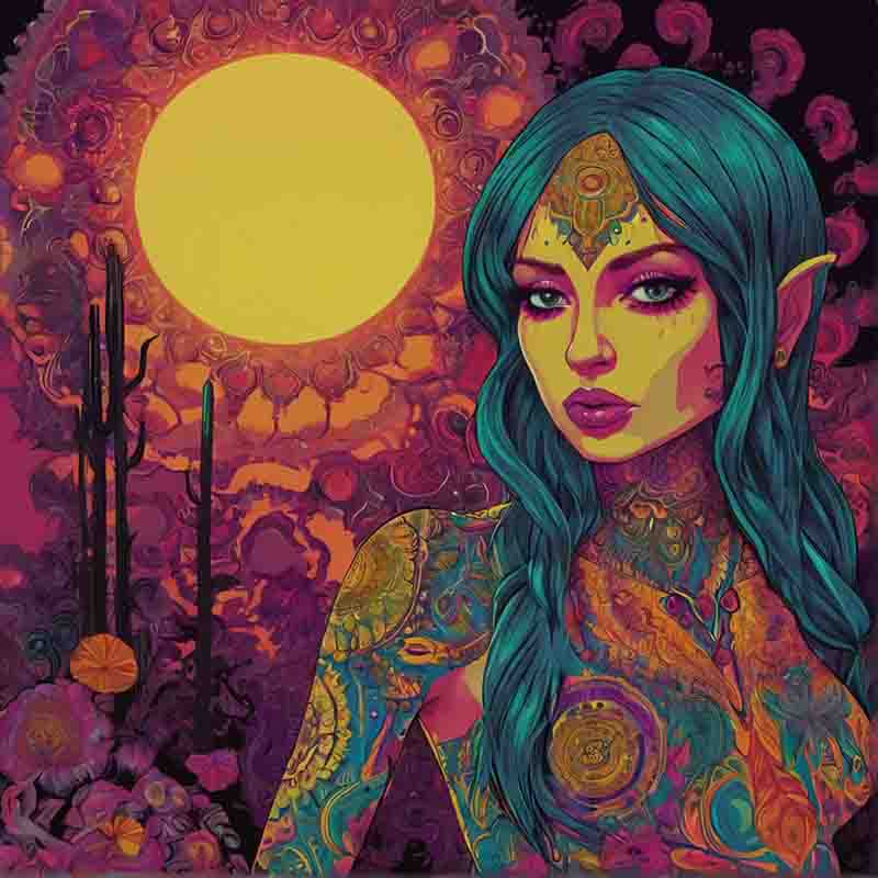Psychedelic Rock woman with vibrant tattoos against a pop psychedelia sunny backdrop.