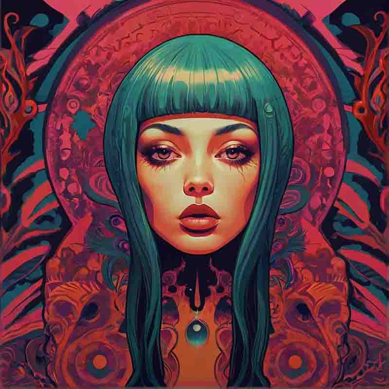 Seductive depiction of a psychedelic woman with a green hair on a hypnotic psychedelic poster.