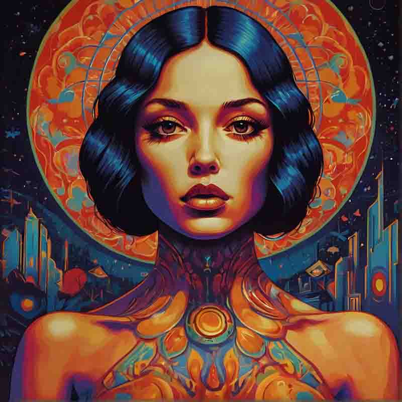 Impressive sixties psychedelic art portrait of a woman with bright blue hair and vibrant body tattoos.