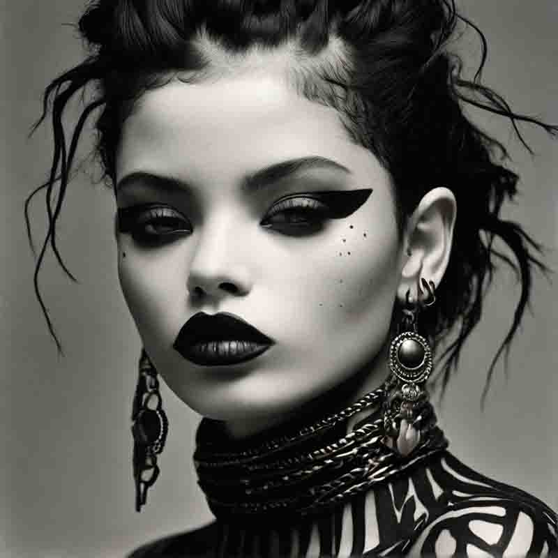 Sensual Latin Punk Rock model with dark makeup and multiple piercings.