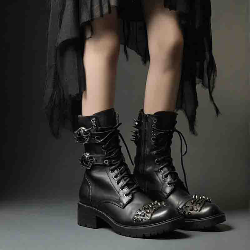 Model wearing black spiked boots, adding a punk fashion touch to her outfit.