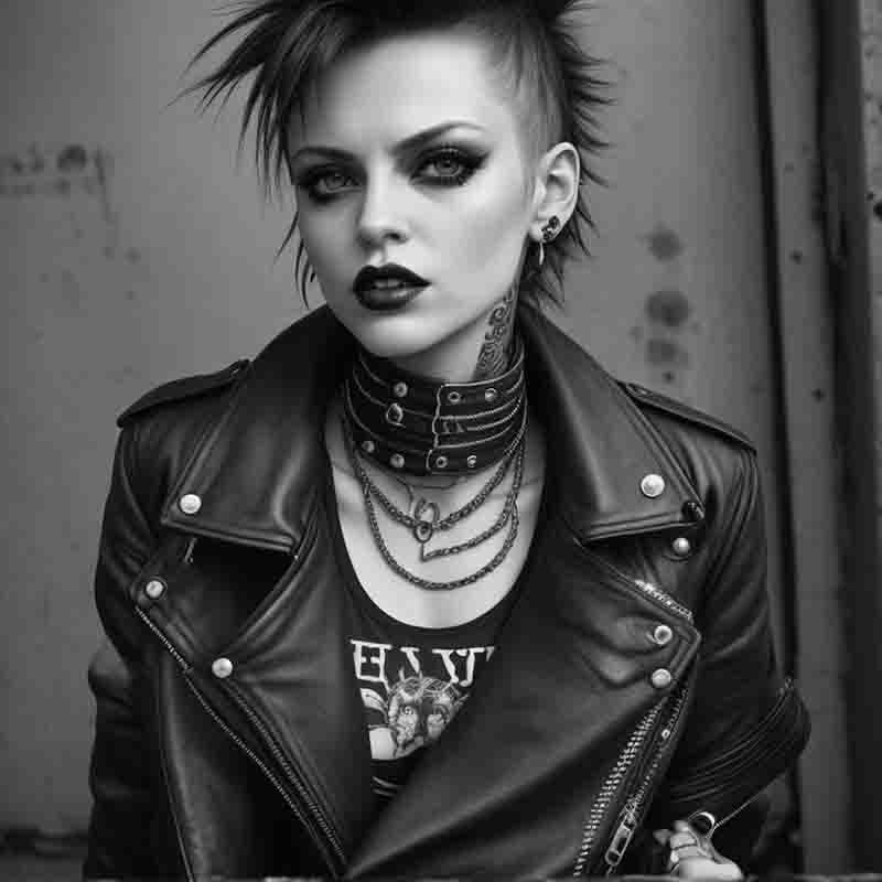 A daring lady showcasing her punk-infused hair and adorned with striking piercings, emanating an essence of rebellion and distinctive style.