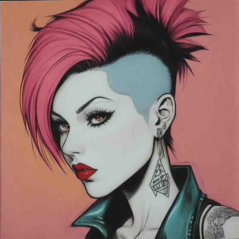 A painting of a punk rock woman with pink hair and tattoos, showcasing her unique style and self-expression.