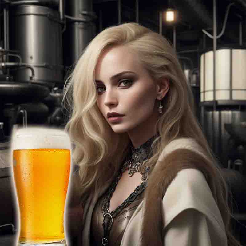 A woman with blonde hair with a glass of beer brewed in the German Reinheitsgebot tradition.
