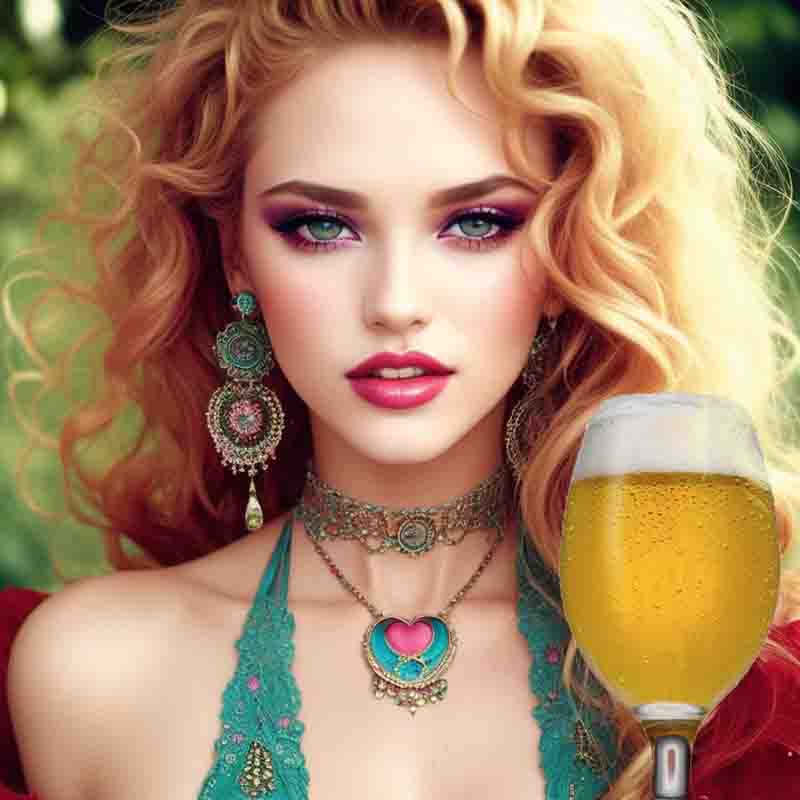 A beautiful bohemian woman with long red hair holding with a glass of Pilsner beer.