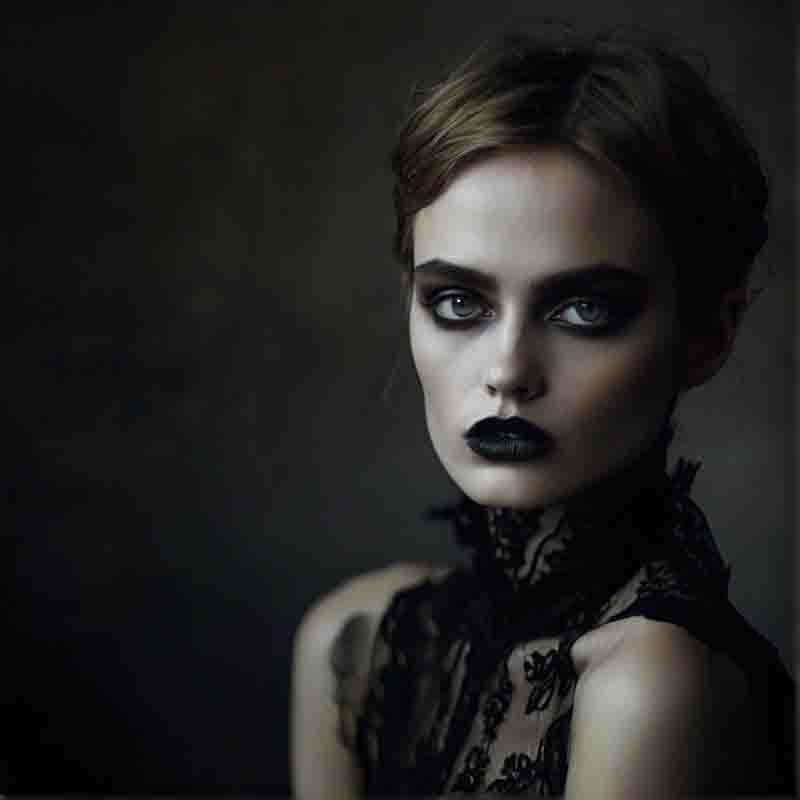 Gothic woman woman wearing black makeup and a lace dress.