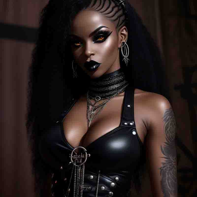 Black Gothic counterculture woman, mid-30s, portrayed as a vixen in Russ Meyer B-movie style. She wears a punk rock hairstyle, her hands are adorned with rings and she has a rebellious and confident demeanor.