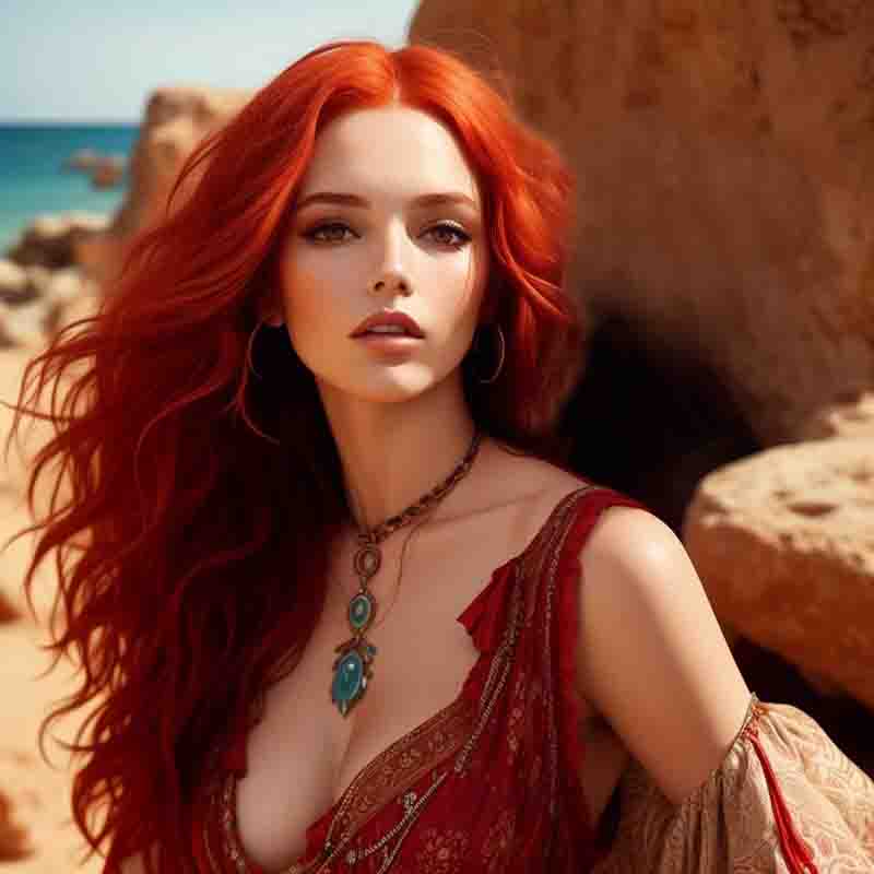 Beautiful beach scene featuring a red hair boho model. The backdrop is a sandy beach with a rocky cliff.
