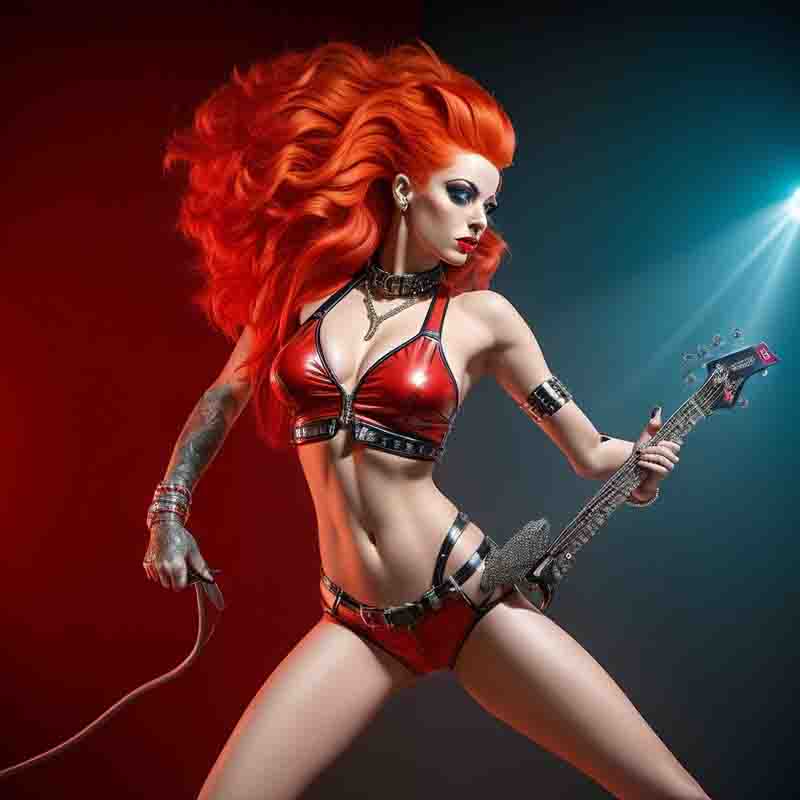 Red Hair Glam Rock Babe dressed in red latex lingerie outfit holding the neck of a guitar