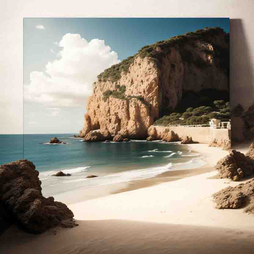 Realistic fine art painting of a Ibiza beach with a mountain in the background. The water is a clear blue and there are a few waves breaking on the shore.