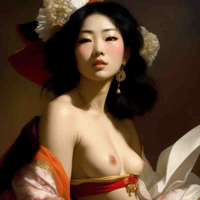 A stunning painting featuring a nude Asian woman elegantly dressed in a vibrant red and pink gown, exuding grace and charm and radiating elegance and poise.