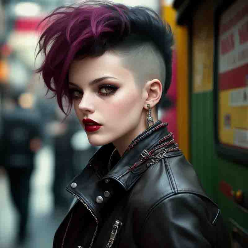 A stylish punk rock lady donning a sleek black leather jacket, her vibrant purple hair adding a touch of eccentricity to her ensemble.